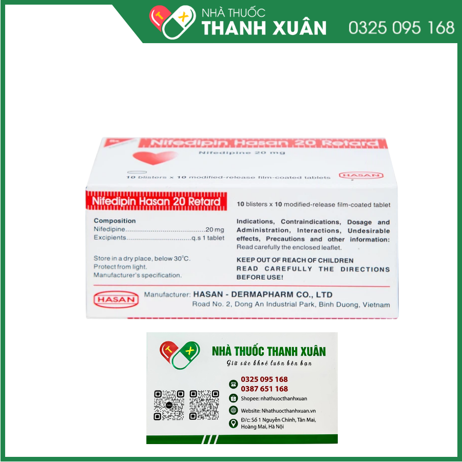 Nifedipin Hasan 20 Retard trị tăng huyết áp, đau thắt ngực